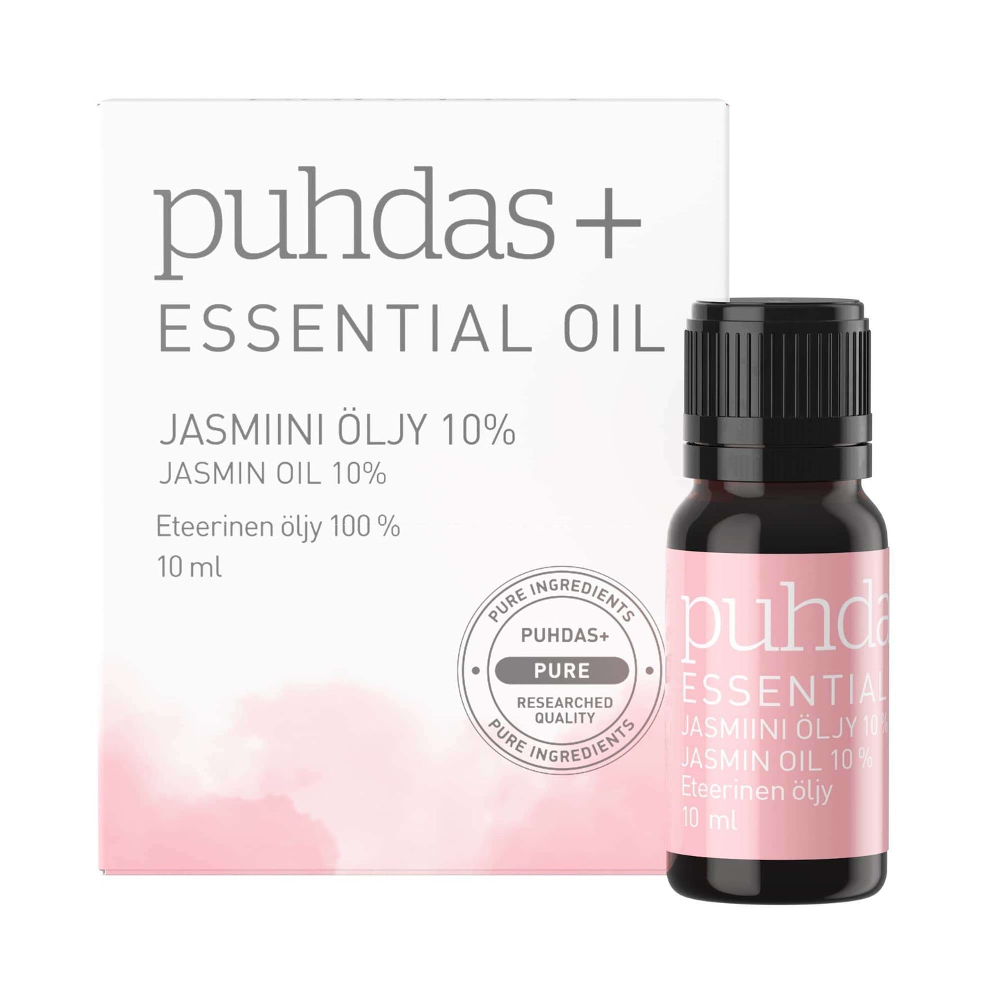 Puhdas+ Eteerinen Jasmiiniöljy, 10 %, 10 ml; pakkaus ja pullo valkoisina vaaleanpunaisin osioin ja mattapintaisena; pullo sylinterinmuotoinen; molemmissa groteskikirjasin näyttää tuotenimen, pitoisuuden, tilavuuden ja lyhyen maininnan puhtaista raaka-aineista; valkoinen tausta, ei ihmisiä tai käsiä, keskikokoinen tuotekuva.
