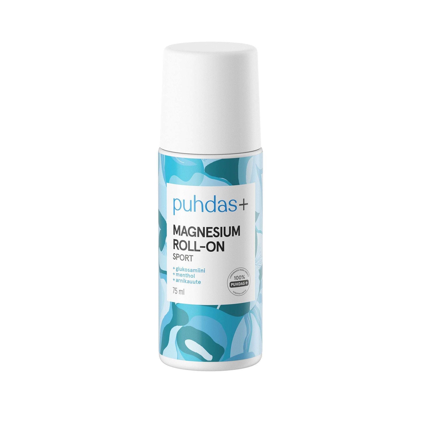 Puhdas+ Magnesium Roll-On Sport -pullo, 75 ml, valkoinen ja sininen muovipullo sylinterimäisenä ja mattapintaisena, valkoinen korkki; etiketissä teksti "Puhdas+ Magnesium Roll-On Sport" selkeällä tekstausvapaalla fontilla sekä abstrakti sininen kuvio; tausta neutraali ilman näkyvää ympäristöä tai rekvisiittaa; ei ihmisiä tai käsiä näkyvissä.