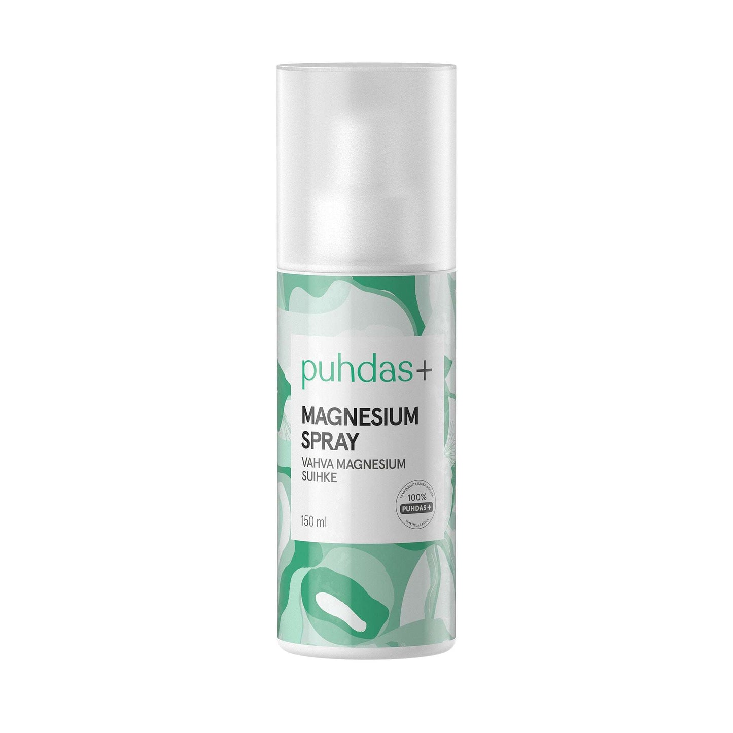 puhdas+ Magnesium Spray -pullo, 150 ml, valkoinen muovikorkki, sylinterinmuotoinen runko, mattapinta; vihreä-valkoinen-vaaleansininen abstrakti etiketti, teksti "100% puhdas magnesium"