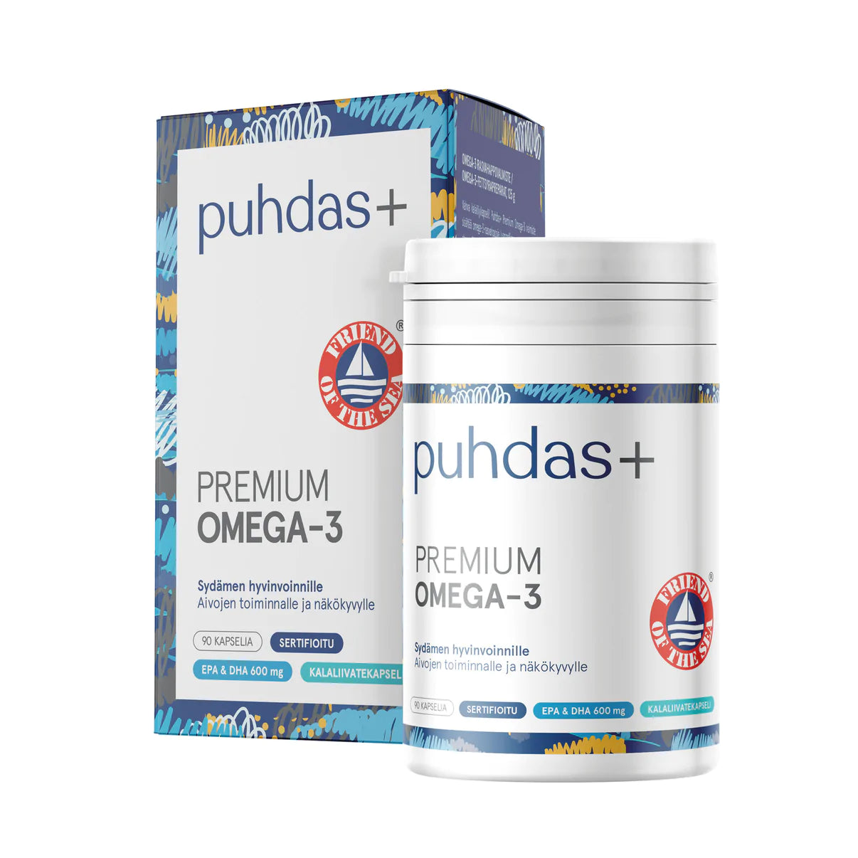 Puhdas+ Premium Omega-3 -kapselipullo ja -pakkaus; valkoinen muovipullo sinisen ja valkoisen mattapintaisen etiketin kanssa, vierellä yhtenevä suorakulmainen pahvipakkaus; lohkomaista tekstausvapaata typografiaa, tuotenimi, "Friend of the Sea" -sertifiointimerkki sekä omega-3-tietoa suomeksi; kuvattu valkoista taustaa vasten, ei ihmisiä tai käsiä näkyvissä.
