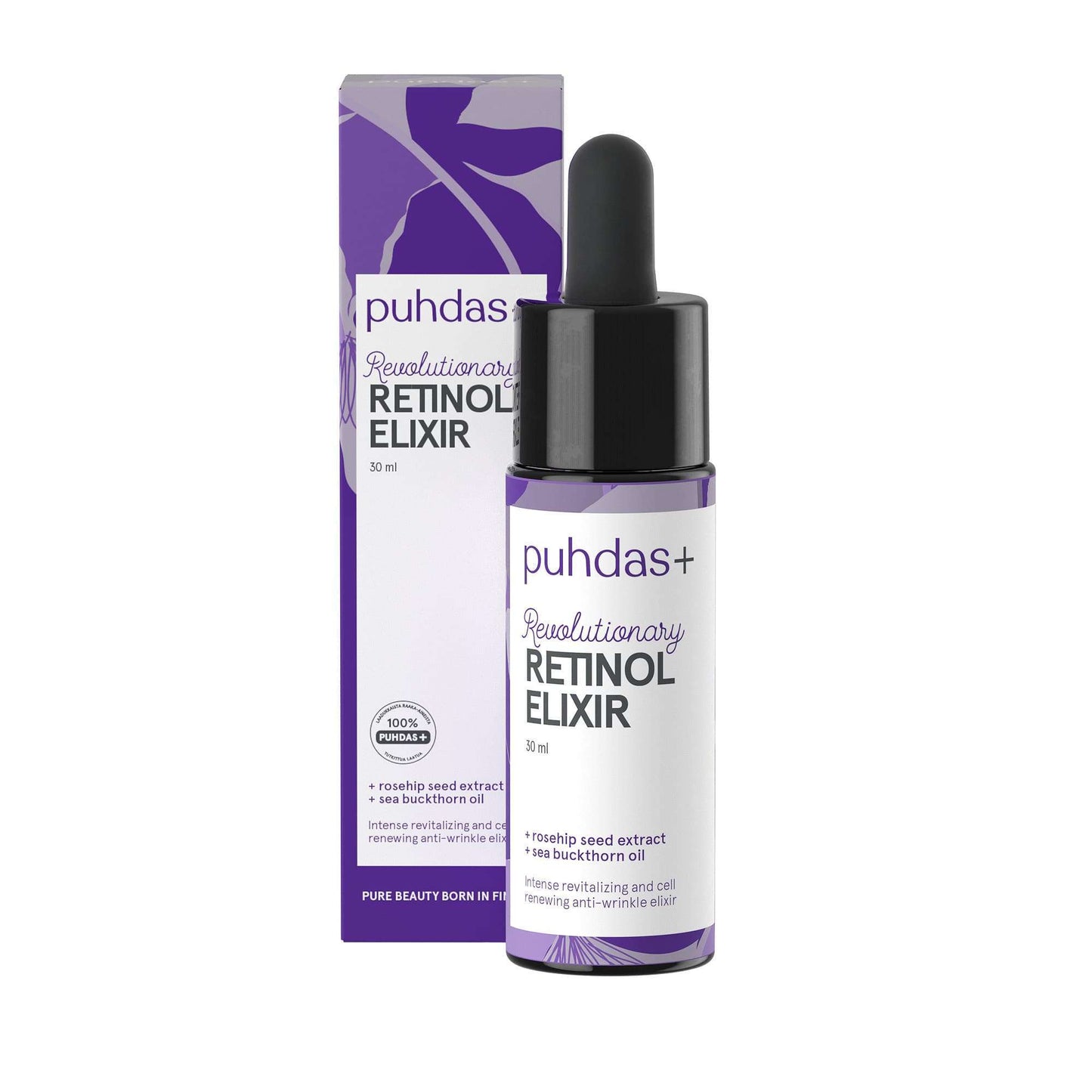 Puhdas+ Revolutionary Retinol Elixir; tiputinpullo violetti-valkoisen laatikkopakkauksen edessä; pullo sylinterinmuotoinen mattapintainen, pakkaus terävin kulmin; molemmissa etiketeissä minimalistinen groteskikirjasin, luettavissa ainesosat: tyrniöljy, retinoli, ruusunmarjauute; vaalea tausta ilman ihmisiä tai toimintaa.