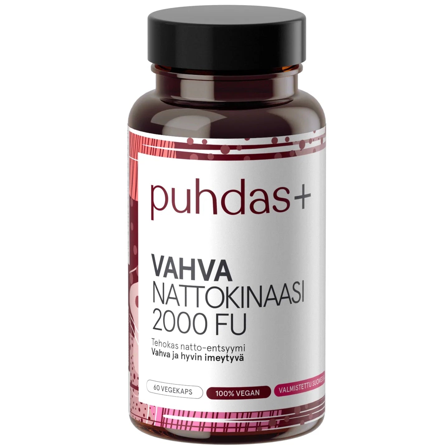 Puhdas+ Vahva Nattokinaasi; pullo tekstillä "Puhdas+ Vahva Nattokinaasi 2000 FU", viininpunainen muovikorkki ja lieriön muotoinen valkoinen mattapintainen pullo vaaleanpunaisin etikettikorostuksin; suomenkielinen teksti, sana "nattokinaasi" selvästi lihavoituna; ei ihmisiä tai käsiä, neutraali tausta, tuote kuvattu suoraan edestä.