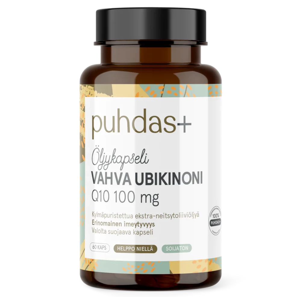 Puhdas+ Vahva Ubikinoni Q10 100 mg; pullo öljykapseleille; lieriön muotoinen kiiltäväpintainen valkoinen muovirunko ja ruskea kierrekorkki; etiketissä selkeä suomenkielinen teksti, geometrisia keltaisia ja turkoosinsinisiä kuviointeja sekä groteskityyppografia; vaalealla taustalla pystyssä, ei ihmisiä tai käsiä; pullossa 60 pehmeäkapselia.