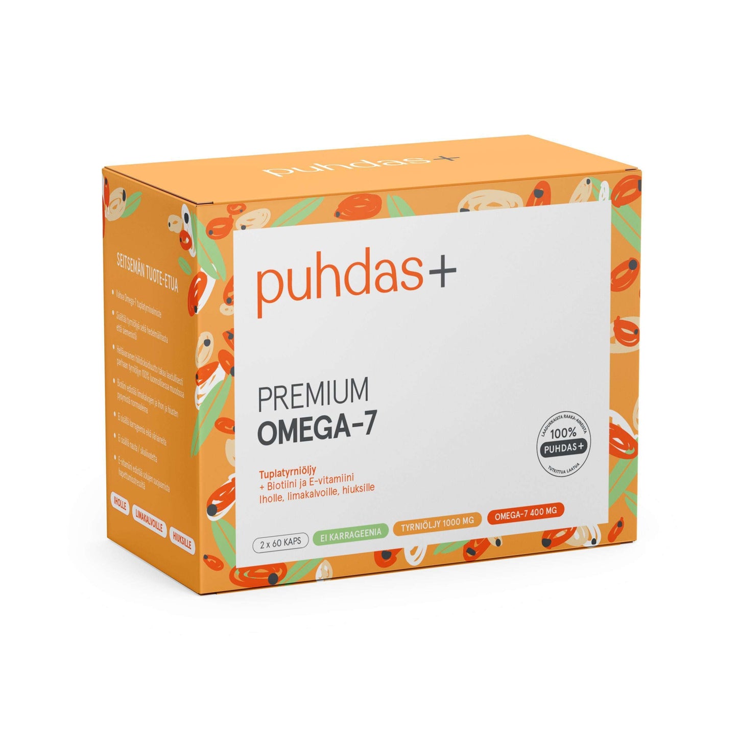 Puhdas+ Premium Omega-7 -pakkaus, elävän oranssi ja valkoinen väritys; suorakulmainen mattapintainen laatikko koristeellisin marjakuvituksin ja luettavaa tekstausvapaata typografiaa; etusivulla lyhyt yhteenveto omega-7:n hyödyistä; tausta valkoinen, ei ihmisiä tai käsiä näkyvissä; suoraviivainen tuotekuva.