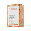 Puhdas+ Premium Omega-7 -pakkaus, 60 kapselia; oranssi laatikko koristekuvioin; suorakulmainen mattapintainen laatikko, jossa valkoinen etiketiosio ja tekstausvapaata fonttia tuotenimestä ja ravintoaineista: omega-7, biotiini, E-vitamiini; ei ihmisiä tai käsiä näkyvissä; studiotausta vaalea ja hyvin valaistu.