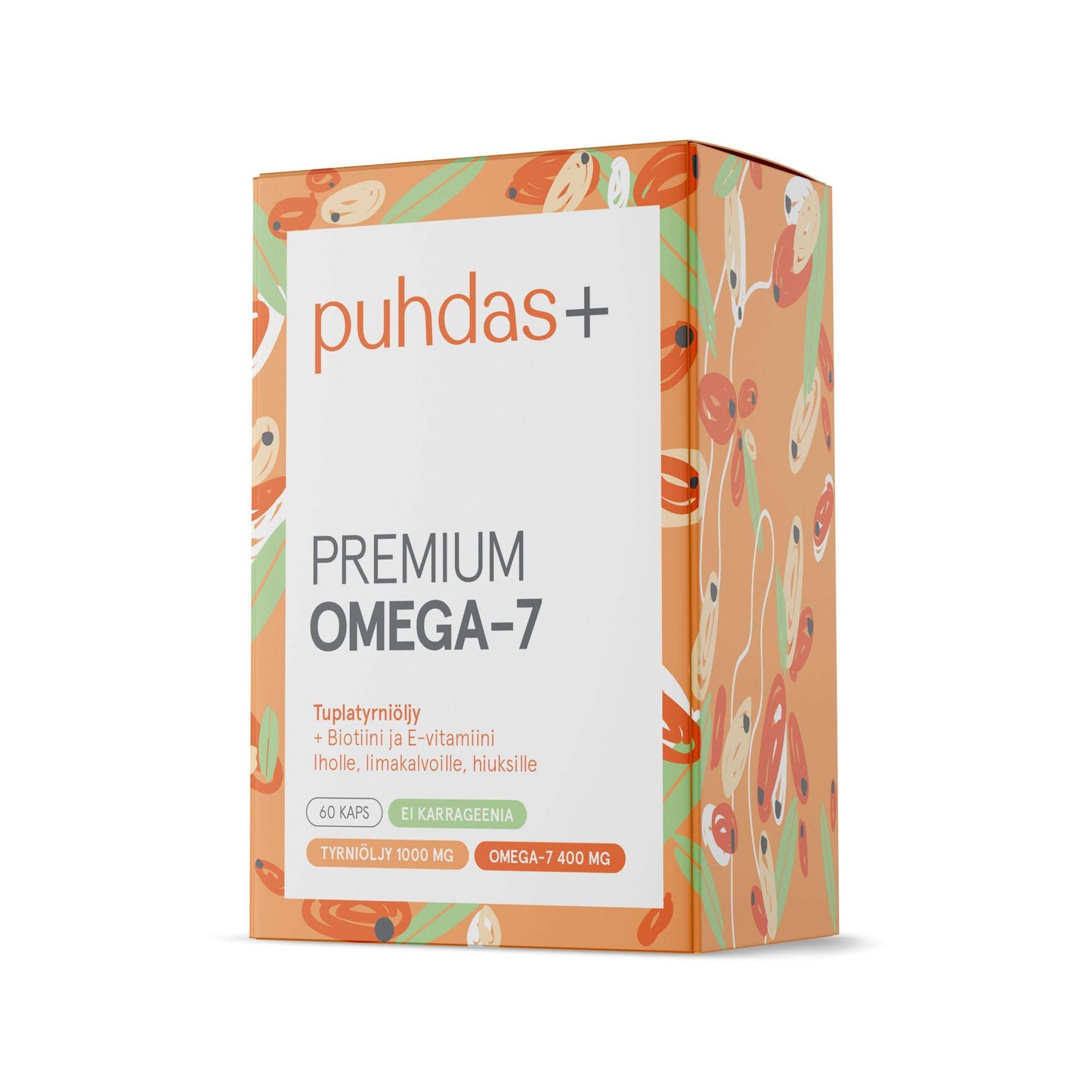 Puhdas+ Premium Omega-7 -pakkaus, 60 kapselia; oranssi laatikko koristekuvioin; suorakulmainen mattapintainen laatikko, jossa valkoinen etiketiosio ja tekstausvapaata fonttia tuotenimestä ja ravintoaineista: omega-7, biotiini, E-vitamiini; ei ihmisiä tai käsiä näkyvissä; studiotausta vaalea ja hyvin valaistu.