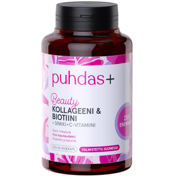 Puhdas+ Beauty Collagen & Biotin -pullo, vaaleanpunainen ja valkoinen etiketti suomeksi, ilmoittaa 25 % enemmän tuotetta ja 120+30 kasvipohjaista biotiinilla vahvistettua kapselia; sylinterimäinen muovipullo valkoisella mattapinnalla ja kierrekorkilla; teksti lihavoitua ja tekstausvapaata mustana, vaaleanpunaisena ja valkoisena; tausta valkoinen ilman muita esineitä tai ihmisiä; keskitetty tuotekuva etiketin etupuolelta.