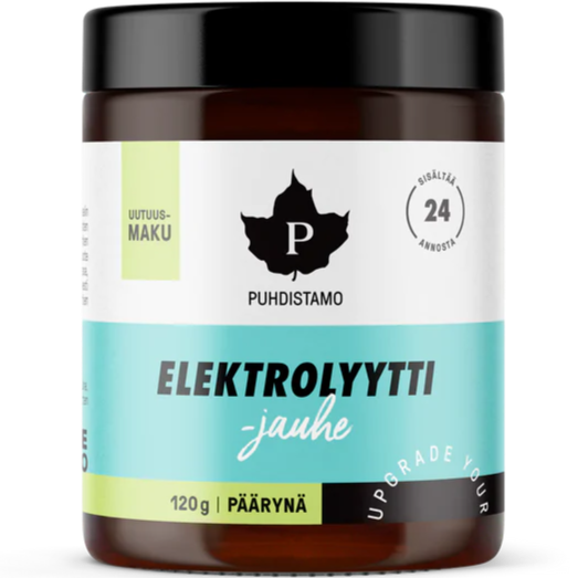 Puhdistamo Elektrolyyttijauhe Päärynä; purkki Puhdistamo Elektrolyytti -jauheelle päärynän maulla, 120 g; lieriön muotoinen muovipurkki mattamustalla kierrekannella ja mattavalkoisella rungolla; turkoosi-valkoinen etiketti mustalla sans-serif-tekstillä ja lehtilogolla, tietoa elektrolyyteistä nesteytykseen ja 24 annoksesta; tausta vaalea ja tasaisesti valaistu, ei ihmisiä tai käsiä.