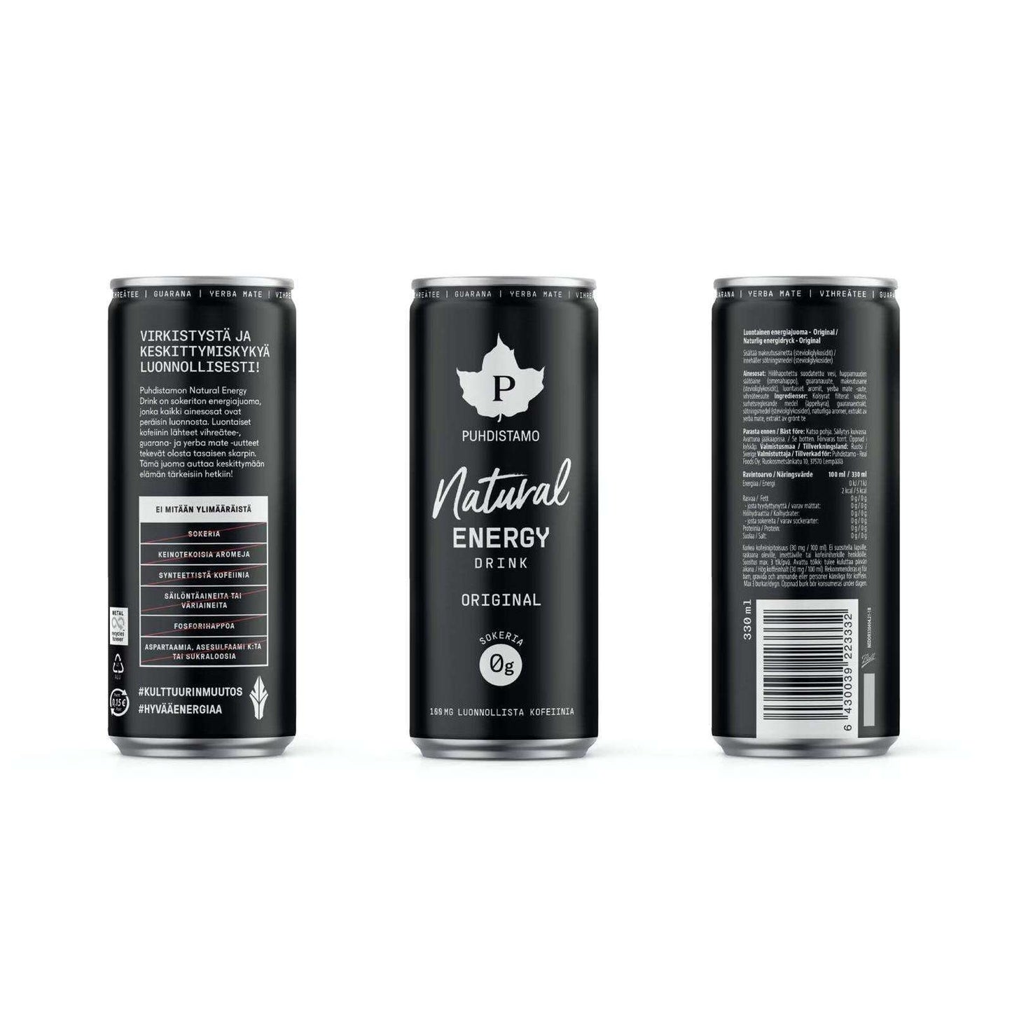 Puhdistamo Natural Energy Drink Original; kolme mustaa tölkkiä esiteltynä etu-, taka- ja sivukuvana, näkyvissä logo, tuotenimi, ravintosisältötiedot, viivakoodi ja suomenkieliset ainesosat; tölkit sylinterinmuotoista metallia mattapintaisena; lihavoitu valkoinen groteskiteksti ja grafiikat erottuvat mustalla pinnalla; valkoinen tausta, ei ihmisiä tai käsiä.