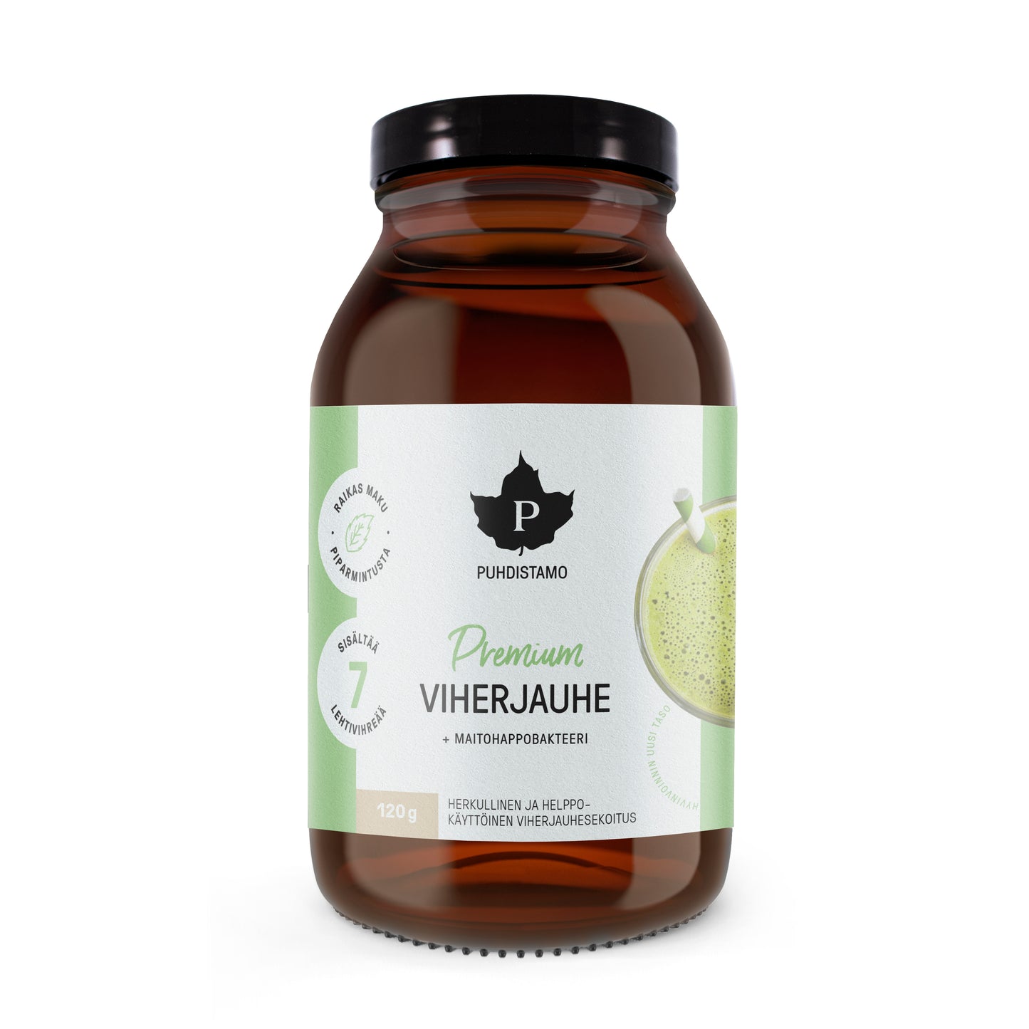 Puhdistamo Premium Viherjauhe + Maitohappobakteeri -purkki; ruskea purkki vihreällä ja valkoisella etiketillä, lehtilogo ja kuva vihreästä juomajauheesta; etiketissä teksti "120 g"; purkki sylinterimäinen kierrekannella, pinta kiiltävä; ei ihmisiä tai käsiä näkyvissä; tausta valkoinen; premium-tason vihreä jauheravintolisä 120 g pakkauksessa.