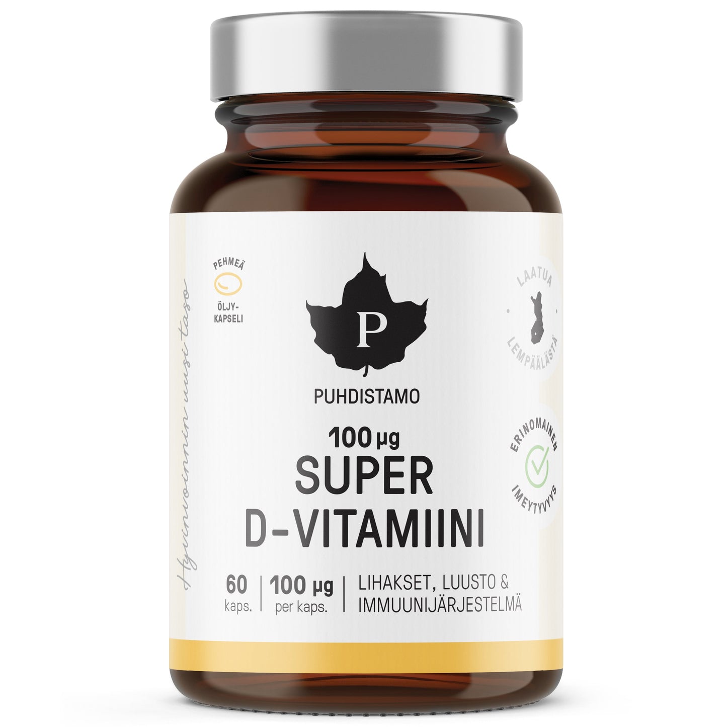 Puhdistamo Super D-vitamiini 100 mikrog -pullo; sisältää 60 kapselia, kukin 100 µg D-vitamiinia; pyöreä pullo kiiltävällä hopeanvärisellä muovikorkilla ja mattavalkoisella etiketillä, pääosin mustaa tekstiä siistillä tekstausvapaalla fontilla; joitakin suomenkielisiä sanoja näkyvissä; tuote yksin vaaleaa tasaista taustaa vasten, suoraviivainen tuotekuva.