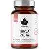 Puhdistamo Tripla Rauta; ruskea muovipullo, 60 kapselia à 50 mg; pyöreä ja mattapintainen; valkois-vaaleanpunainen etiketti mustalla groteskitekstillä ja näyttävällä tyylitellyllä lehtilogolla; neutraali tausta, ei ihmisiä tai toimintaa.