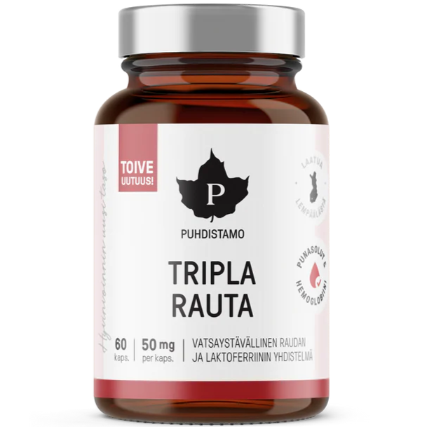 Puhdistamo Tripla Rauta; ruskea muovipullo, 60 kapselia à 50 mg; pyöreä ja mattapintainen; valkois-vaaleanpunainen etiketti mustalla groteskitekstillä ja näyttävällä tyylitellyllä lehtilogolla; neutraali tausta, ei ihmisiä tai toimintaa.