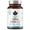 Puhdistamo Tripla Sinkki 25 mg -lasipullo, jossa lukee "Puhdistamo Tripla Sinkki + C 25 mg" ja 240 kapselia, edistäen tehostettua immuunipuolustusta; valkoisessa etiketissä mattapinta, siniset korostuslohkot, tyylitelty musta lehtilogo ja yksinkertaista tekstausvapaata tekstiä; pullo sylinterimäinen valkoisella muovikorkilla; kuvattu valkoista taustaa vasten, ei ihmisiä tai muita esineitä näkyvissä.