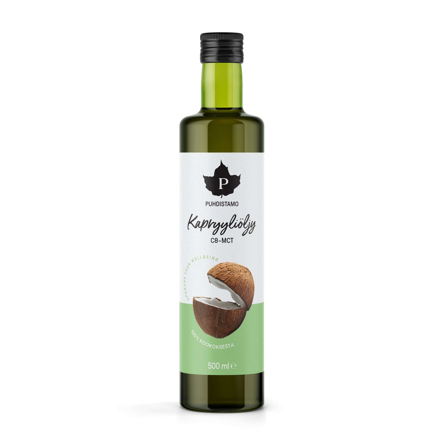 Puhdistamo Kapryyliöljy C8-MCT, 500 ml; vihreä pullo, jonka etiketissä on kuva halkaistusta kookospähkinästä, kuvattu valkoista taustaa vasten; pullo sylinterimäinen, musta korkki ja kiiltävä pinta; etiketissä lihavoitua tekstausvapaata typografiaa; ei ihmisiä tai käsiä kuvassa; kuva hyvin valaistu ja edestäpäin otettu; tuote korostaa puhdasta C8-MCT-pitoisuutta.