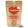 Together Health Pregnancy; ruskea mattapintainen pystypussi tekstillä "Together Pregnancy Multi Vit & Mineral Whole Food Supplement" pystyssä vaalealla taustalla; kaksi beigeä kapselia pussin edessä; lohkomainen groteskiteksti mainitsee raa'at ainesosat, 60 kasviskapselia ja mahalle lempeän koostumuksen; ei ihmisiä tai käsiä kuvassa.