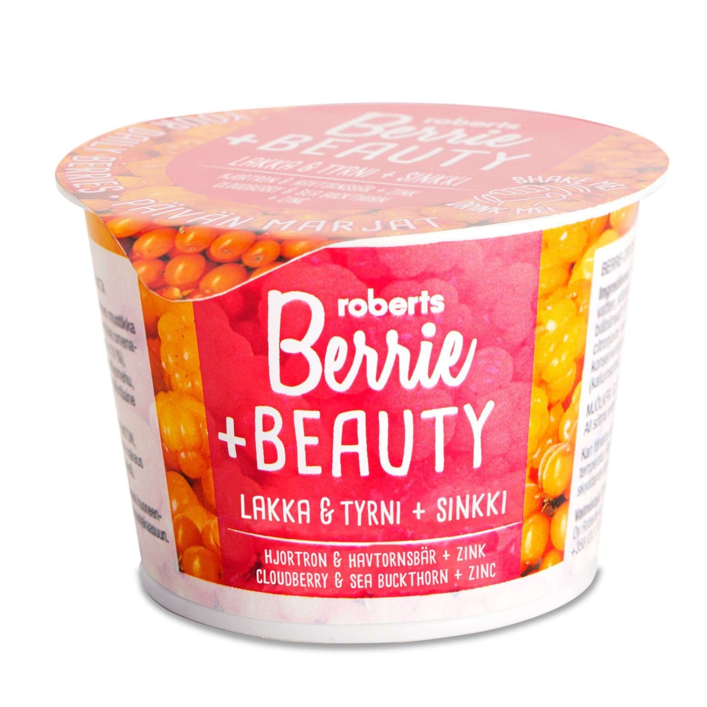 Roberts Berrie Beauty Lakka & Tyrni; kuppi kuvituksena tyrniä ja lakkaa, teksti kertoo lakka & tyrni + sinkki -sisällöstä; kuppi pyöreä ja mattapintainen; lihavoitu groteskikirjasin etiketissä; ei ihmisiä tai käsiä näkyvissä; neutraali tausta, lähikuva tuotteesta.