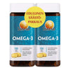 Kaksi pulloa Sana-sol Omega-3 -kalaöljykapseleita, kumpikin sisältää 150 tablettia; pullot valkoista muovia mattaoransseilla kierrekorkeilla sekä oranssein, keltaisin ja sinisin painetuin etiketein; keltaisessa ympyrässä punaista suomenkielistä tekstiä "Edullinen säästöpakkaus"; tuote valkoisella taustalla, ei ihmisiä tai rekvisiittaa näkyvissä.