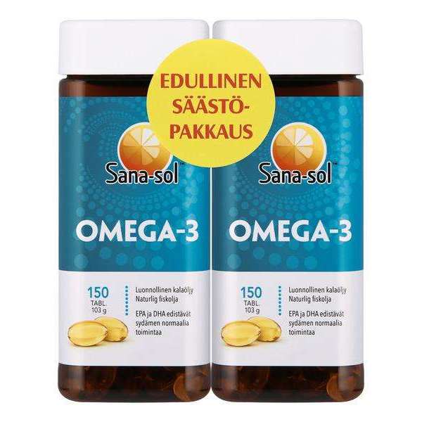 Kaksi pulloa Sana-sol Omega-3 -kalaöljykapseleita, kumpikin sisältää 150 tablettia; pullot valkoista muovia mattaoransseilla kierrekorkeilla sekä oranssein, keltaisin ja sinisin painetuin etiketein; keltaisessa ympyrässä punaista suomenkielistä tekstiä "Edullinen säästöpakkaus"; tuote valkoisella taustalla, ei ihmisiä tai rekvisiittaa näkyvissä.