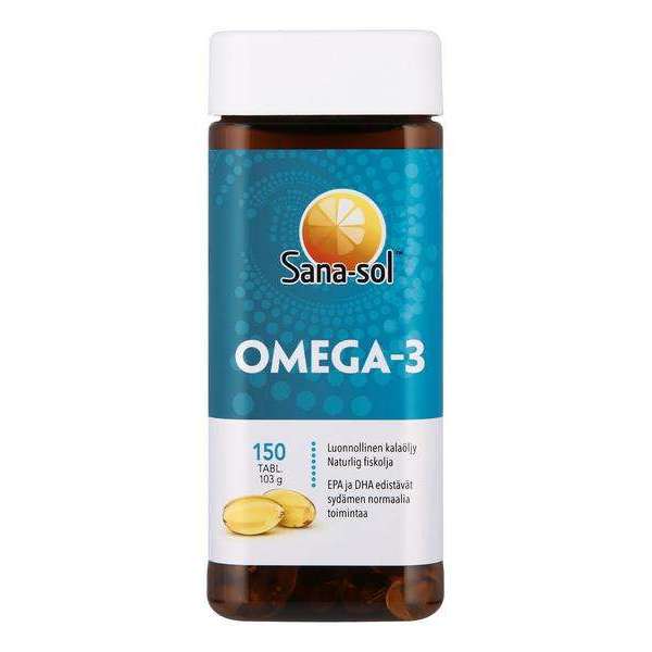 Sana-sol Omega-3 Kalaöljy -pullo sinisellä etiketillä, sisältää 150 tablettia; etiketissä sitruunakuvitus, suomenkielistä tekstiä ja kaksi keltaista omega-3-kapselia alaosassa; pullo sylinterimäinen valkoisella muovikorkilla ja kiiltäväpinnalla; etiketin typografia lihavoitua tekstausvapaata fonttia; kuvan tausta yhtenäisen valkoinen, ei muita esineitä tai ihmisiä näkyvissä.