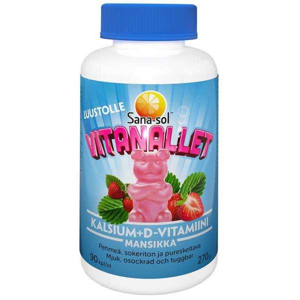 Sana-sol Vitanallet Kalsium+D-vitamiini, mansikanmakuiset; kirkas sylinterinmuotoinen muovipullo, sisällä näkyviä vaaleanpunaisia karhunmuotoisia pastilleja; etiketti sininen ja kiiltävä, teksti valkoisella ja keltaisella suomeksi; korkki keltainen; vierellä kiiltävä pastillikarhuhahmo ja tuoreita mansikoita valkoisella taustalla; ei ihmisiä tai käsiä, lähikuva.