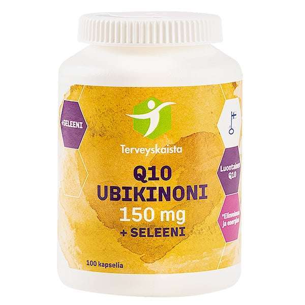 Terveyskaista Q10 Ubikinoni 150 mg + Seleeni, 100 kapselia; valkoinen muovipullo mattapintaisena kierrekorkilla, sylinterinmuotoinen; etiketti keltaisella pohjalla violetein kuusikulmioin ja violetilla lihavoidulla groteskitekstillä; tuotenimi ja annostus selkeästi näkyvissä; valkoinen studiotausta, ei ihmisiä tai rekvisiittaa.