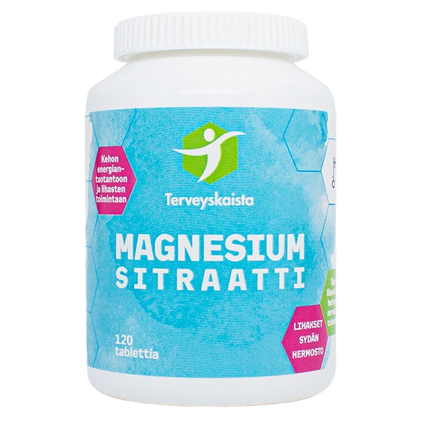 Terveyskaista Magnesiumsitraatti 375 mg -pullo, valkoinen muovipullo mattapinnalla, sylinterimäinen muoto ja kierrekorkki; sinisessä etiketissä vihreä pyöreä logo ja suomenkielistä tekstiä selkeällä tekstausvapaalla kirjasimella; etiketissä näkyy "120 tablets"; ei ihmisiä tai käsiä näkyvissä; neutraali tausta tasaisessa valaistuksessa suoraviivaisessa tuotekuvassa.