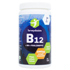 Terveyskeidas B12-vitamiinipullo, valkoinen muovipullo B6- ja foolihappolisällä, sylinterimäinen muoto ja mattapinta; sininen ja vihreä etikettöinti sisältää suomenkielistä tekstiä; etiketissä ilmoitettu 90 tablettia ja 1000 µg metyylikobalamiinia; tekstausvapaata fonttia etiketissä; ei ihmisiä tai käsiä näkyvissä; tuote keskitettynä, kuvattu edestäpäin.