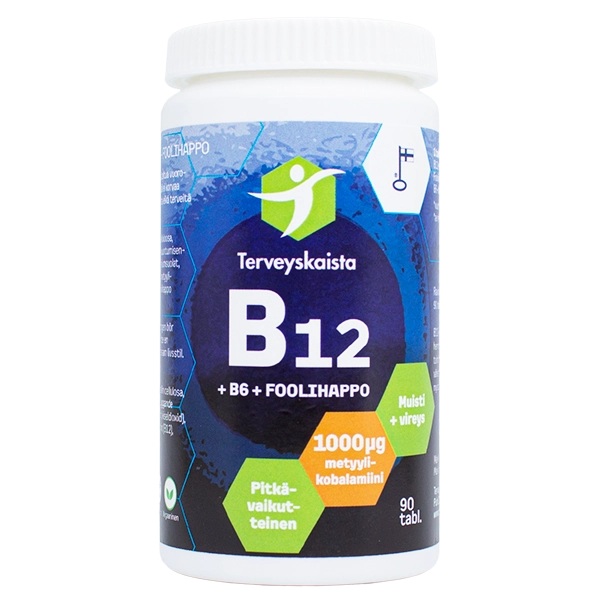 Terveyskeidas B12-vitamiinipullo, valkoinen muovipullo B6- ja foolihappolisällä, sylinterimäinen muoto ja mattapinta; sininen ja vihreä etikettöinti sisältää suomenkielistä tekstiä; etiketissä ilmoitettu 90 tablettia ja 1000 µg metyylikobalamiinia; tekstausvapaata fonttia etiketissä; ei ihmisiä tai käsiä näkyvissä; tuote keskitettynä, kuvattu edestäpäin.