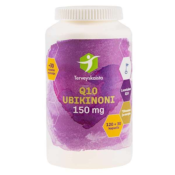 Terveyskaista Q10 Ubikinoni 150 mg; valkoinen pullo violetilla etiketillä ja keltaisella tekstillä, sisältää koentsyymi Q10:tä, 120 + 30 kapselia; muovipullo mattapintainen ja sylinterinmuotoinen valkoisella korkilla; etiketissä groteskikirjasin, tuotenimi ja annostus näkyvissä etupuolella; kuvattu valkoisella taustalla ilman ihmisiä tai käsiä.