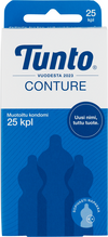 Tunto Conture; sininen ja valkoinen laatikko Tunto Conture -kondomeille, merkitty "25 kpl", tyylitellyt kondomien siluetit ja suomenkielinen teksti; suorakulmainen pahvipakkaus mattapinnalla, sans-serif-fontti sinisenä ja mustana, osittain lihavoituna; suunnittelussa toistuvia ääriviivagrafiikoita; ei ihmisiä tai käsiä; valkoinen tausta tasaisessa valaistuksessa, tuote keskitettynä ja kuvattu edestä.