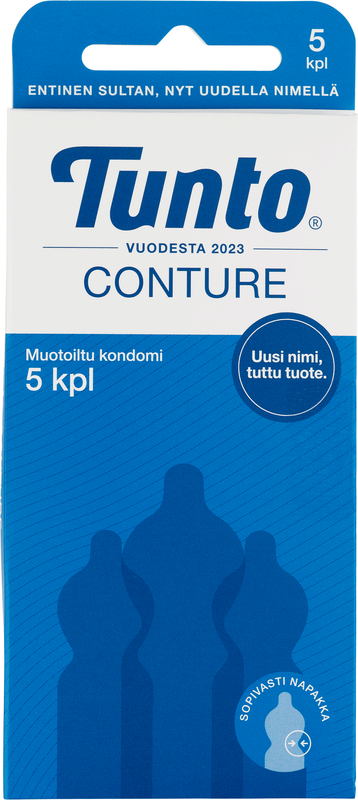 Tunto Conture; sininen laatikko Tunto Conture -kondomeille, kolme kondomin siluettia, suomenkielinen teksti ja pyöreä etiketti tekstillä "Uusi nimi, tuttu tuote"; pinta mattainen, laatikko suorakulmainen selkein linjoin; pakkauksen typografia sans-serifiä ja valkoista; luku "5" etusivulla; kuvan tausta valkoinen ilman ihmisiä tai muita esineitä.