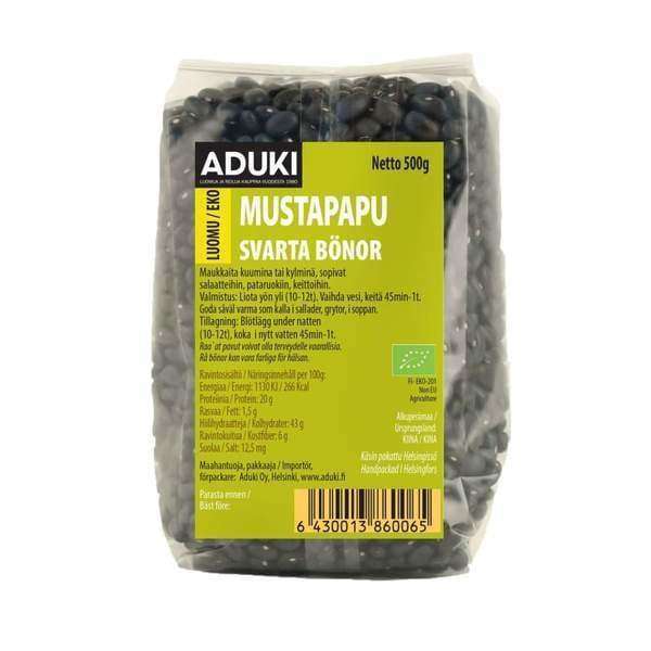 Aduki Luomu Mustapapu -pakkaus, 500 g, teksti suomeksi ja ruotsiksi; vihreä-keltainen mattapintainen pakkaus, keittoohjeet ja ravintosisältö painettuna