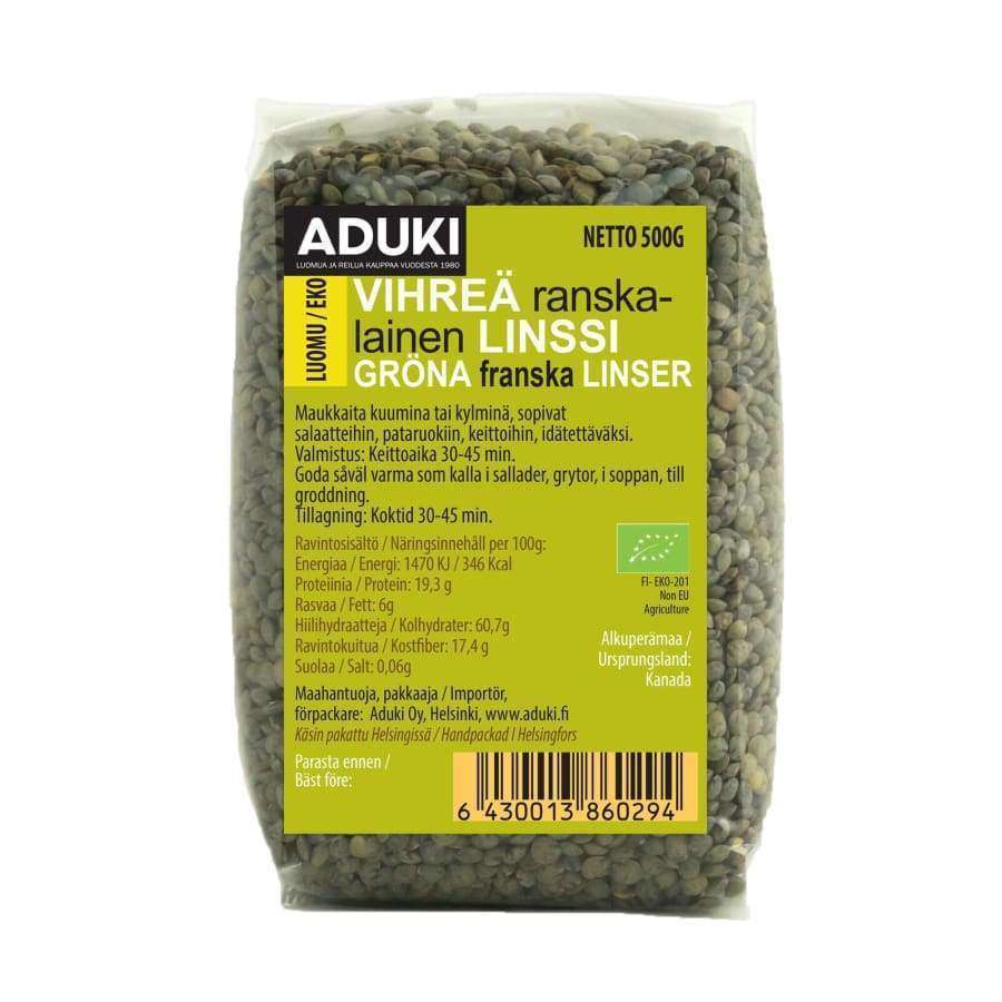 Aduki Luomu Vihreä Ranskalainen Linssi, 500 g; suomen-, ruotsin- ja englanninkielistä tekstiä, keittöohjeita, ravintotietoja ja viivakoodi etusivulla; suorakulmainen, mattapintainen pakkaus vaimean vihreissä sävyissä; korostettua groteskitekstiä ja lihavointeja; vaalea tausta, ei ihmisiä tai toimintaa; tuote kuvattu edestäpäin.