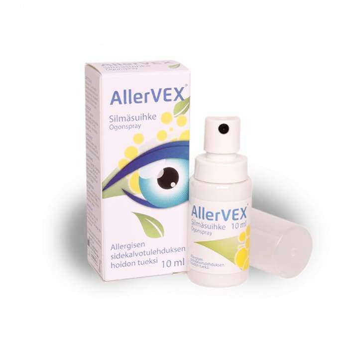 AllerVEX-silmäsuihke pullo ja rasia, teksti suomeksi ja ruotsiksi; tyylitelty silmäkuvitus ja rauhoittavat keltavihreät korostukset; korkki asetettu 10 ml suihkepullon viereen; molemmat valkoisella pohjavärillä ja mattapinnalla, etiketit groteskityypillä; vaalea tausta, ei näkyviä käsiä tai muita esineitä.