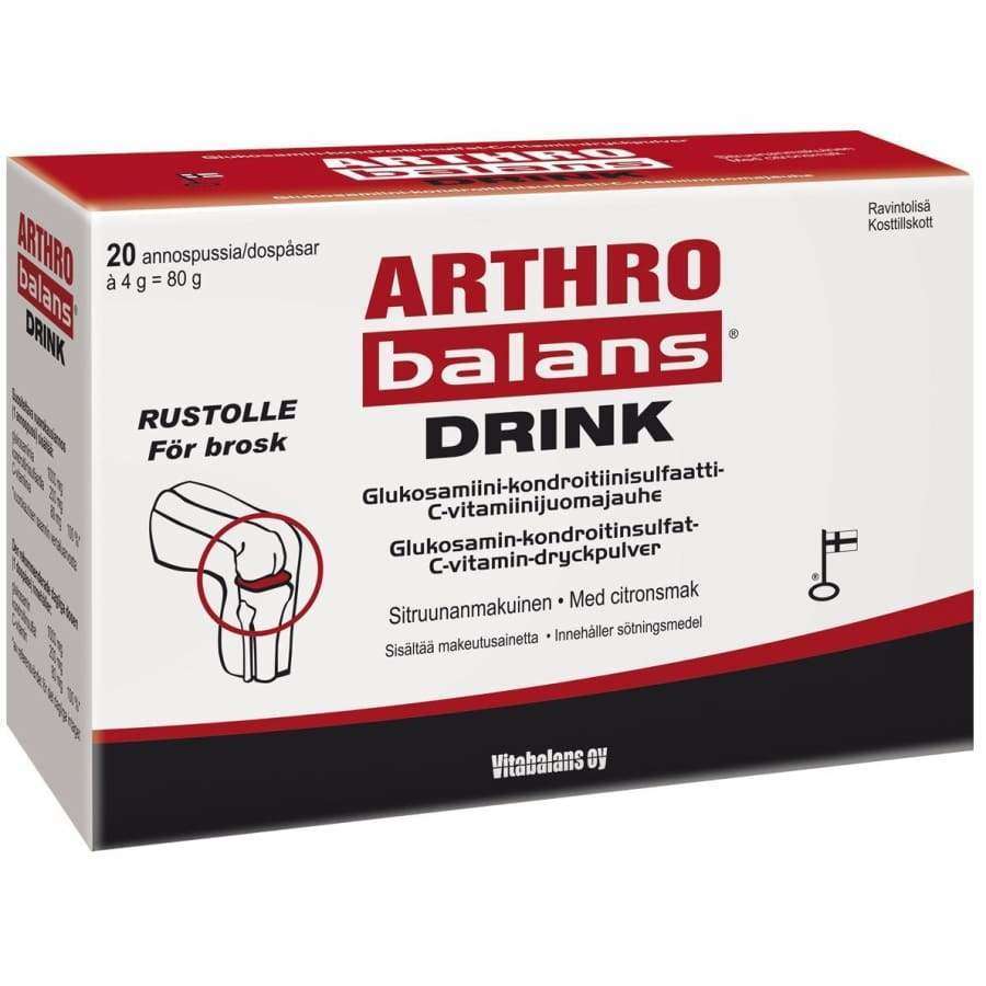 Arthrobalans Drink -pakkaus, valkoinen-sininen-punainen, kuva polvinivelestä, teksti suomeksi ja ruotsiksi; glukosamiini, kondroitiini, MSM ja C-vitamiini, 20 annospussia, groteskiteksti
