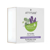ATTITUDE Air Purifier -laatikko, laventeli ja eukalyptus, teksti "Eliminates Odors" ja "nature+ technology"; suorakulmainen mattapintainen pakkaus painetuin kuvin laventelinkukista ja eukalyptuksenlehdistä; tekstausvapaata typografiaa etiketissä; tausta valkoinen, kuvattu suoraan edestä silmän tasolta; ei ihmisiä tai käsiä näkyvissä.
