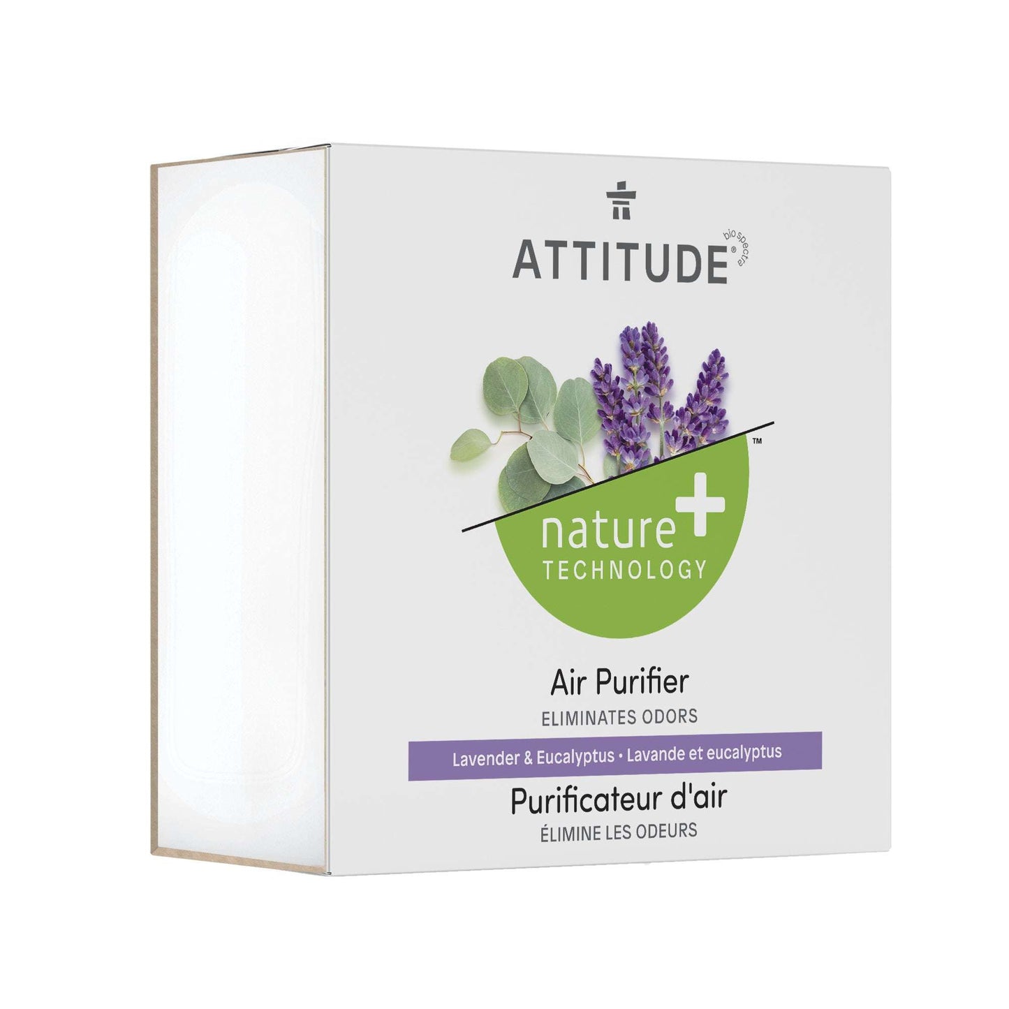 ATTITUDE Air Purifier -laatikko, laventeli ja eukalyptus, teksti "Eliminates Odors" ja "nature+ technology"; suorakulmainen mattapintainen pakkaus painetuin kuvin laventelinkukista ja eukalyptuksenlehdistä; tekstausvapaata typografiaa etiketissä; tausta valkoinen, kuvattu suoraan edestä silmän tasolta; ei ihmisiä tai käsiä näkyvissä.