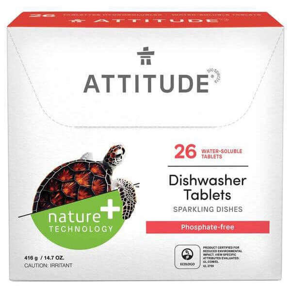 Attitude Konetiskitabletti -pakkaus, valkoinen-turkoosi suorakaiteen muotoinen rasia kilpikonnakuvalla; 26 tablettia, 416 g, ECOLOGO-sertifioitu