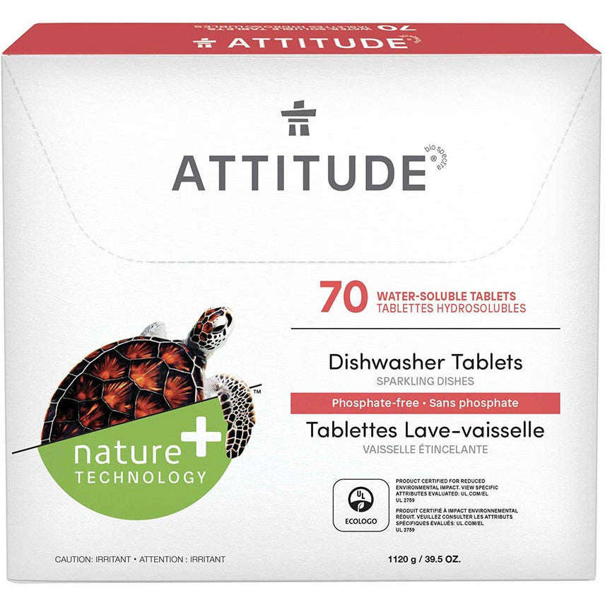 Attitude Konetiskitabletti -pakkaus, valkoinen rasia kilpikonnakuvalla; 70 tablettia, teksti englanniksi ja ranskaksi