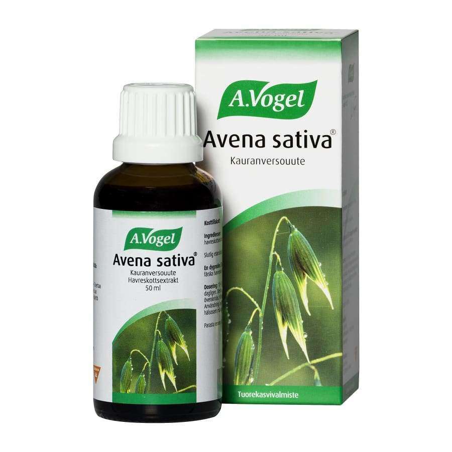 A.Vogel Avena Sativa -pullo ja pakkaus, 50 ml, kaurakasvikuva pakkauksessa; suomenkielinen etiketti vihreä-valkoisena, tumma lasipullo kiiltäväpintaisena valkoisella korkilla