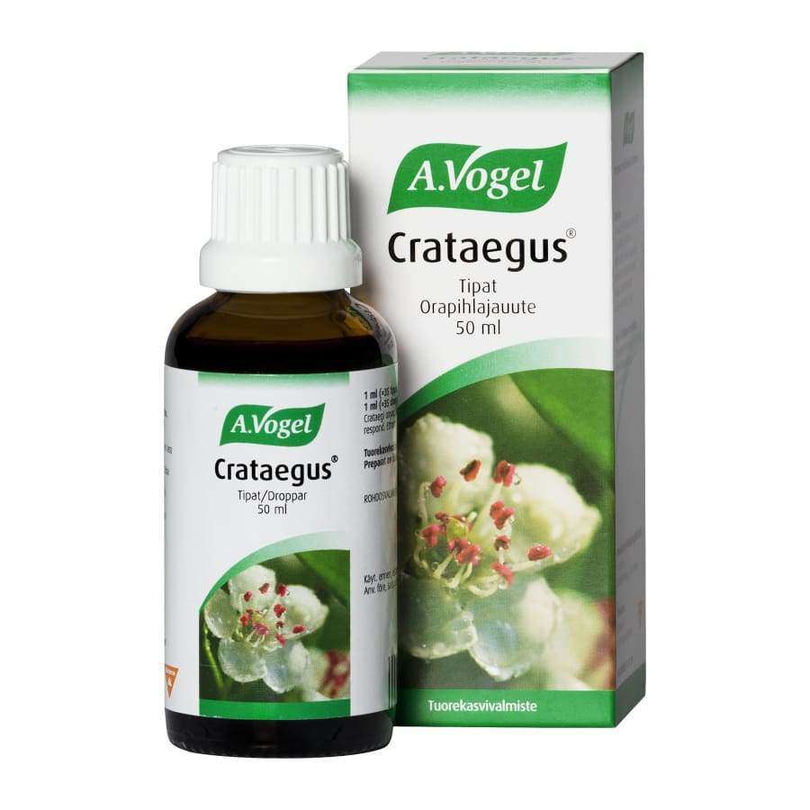 A.Vogel Crataegus-tipat -pullo ja pakkaus, 50 ml, lähikuva valkoisista kukista molemmissa; valkoinen-vihreä väritys, mattapinta
