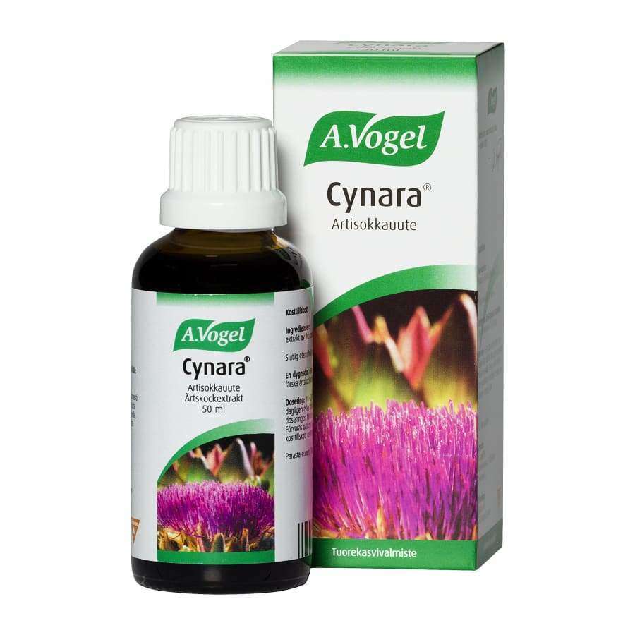 A.Vogel Cynara Artisokkauute -pullo ja pakkaus, lähikuva violetista artisokankukasta pakkauksessa, 50 ml; tumma lasipullo valkoisella muovikorkilla, valkoinen-vihreä mattapintainen rasia