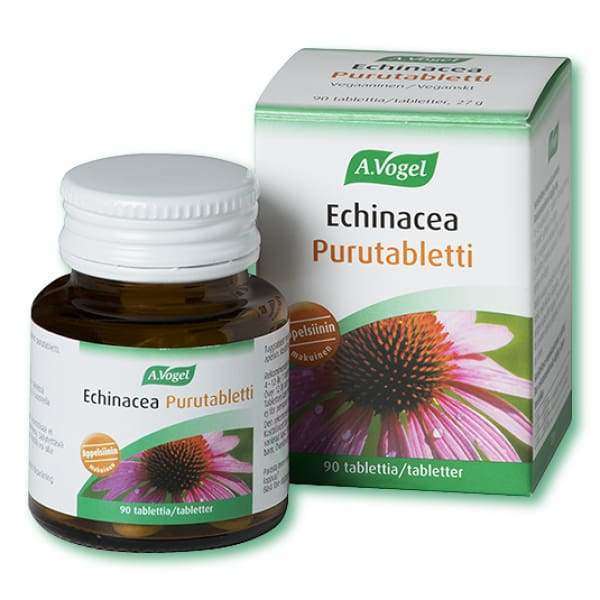 A. Vogel Echinacea Purutabletti -pullo ja pakkaus, kuvassa eloisa pinkki punahattukukka molemmissa; pullo valkoista muovia valkoisella korkilla; laatikko suorakulmainen mattapinnalla; päätekstissä vihreitä ja mustia fontteja, näkyvissä "90 tablets"; tausta valkoinen; ei ihmisiä tai käsiä näkyvissä.