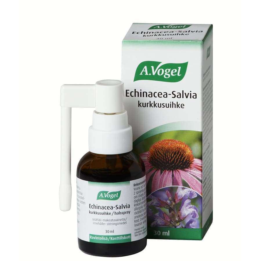 A.Vogel Echinacea-Salvia Kurkkusuihke -pullo pakkauksensa edessä; ruskea, kiiltäväpintainen lasipullo valkoisella muovisella lyhytsuuttimisella suihkupäällä; kuvituksena vaaleanpunainen kartioleikkokukka ja salvianlehtiä; sekä pullossa että pakkauksessa yksinkertaista vihreää ja valkoista tekstausvapaata tekstiä; kuvattu valkoista taustaa vasten, ei ihmisiä tai käsiä näkyvissä.