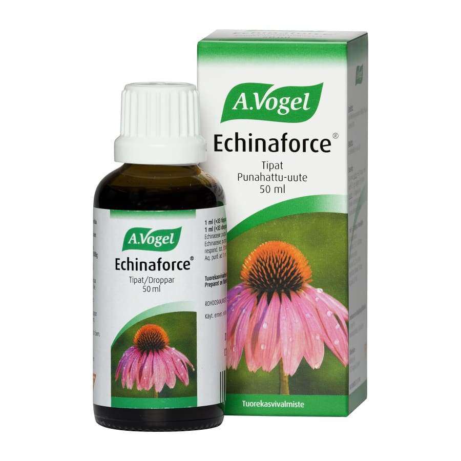 A.Vogel Echinaforce -pullo ja pakkaus, vihreä-valkoinen, pinkki kaunokukka kuvituksessa, 50 ml tippoja; teksti vihreänä ja mustana molemmissa