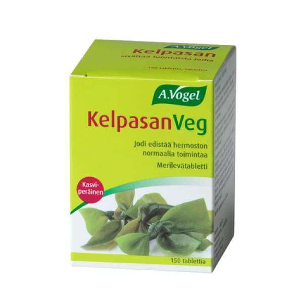 A. Vogel Kelpasan Veg -pakkaus, vihreä ja valkoinen laatikko kuvalla merilevästä; suorakulmainen pahvipakkaus mattapinnalla; teksti suomeksi sekä pinkki ympyrä merkiten kasvipohjaisuutta ja vegaanisuutta; "150 tabl." näkyvissä; tekstausvapaata typografiaa; ei ihmisiä tai käsiä näkyvissä; tausta valkoinen, kuvattu edestäpäin koko laatikko näkyvissä.
