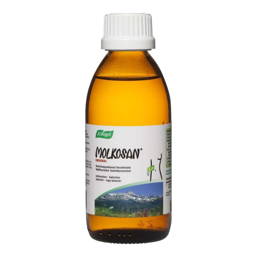 A.Vogel Molkosan Original -pullo, ruskea, valkoinen korkki, maisemakuva vuorista ja vihreistä pelloista; fermentoitu hera-tiiviste, kiiltäväpintainen sylinterinmuotoinen pullo, sinis-vihreä-valkoinen etiketti