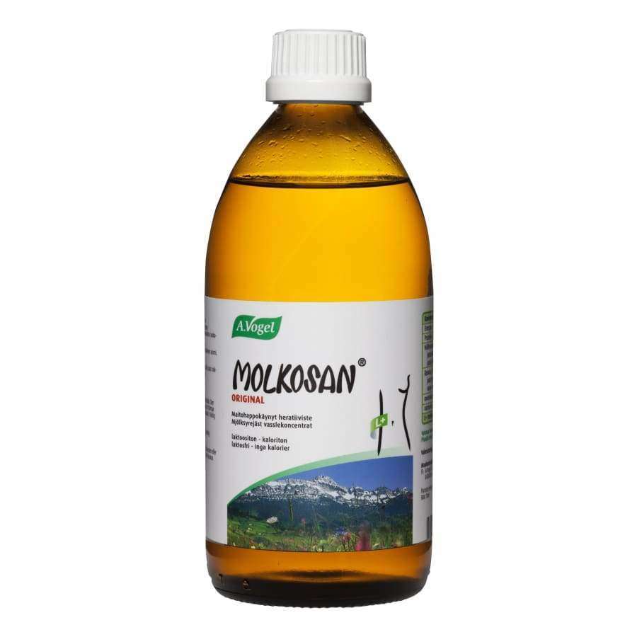 A.Vogel Molkosan Original -pullo, ruskea, valkoinen etiketti vihreällä tekstillä ja vuoristomaisemalla; mattapintainen, valkoinen korkki