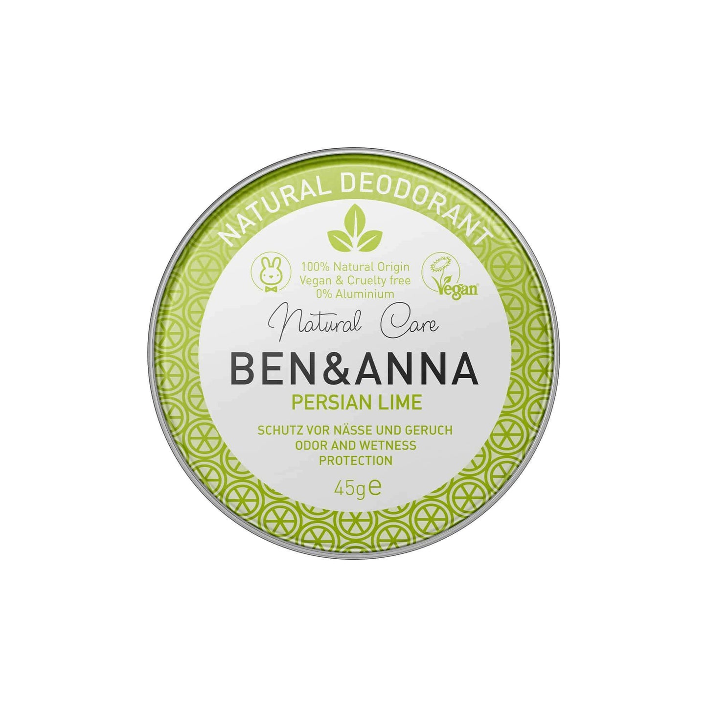 Ben & Anna Voidedeodorantti Persian Lime; pyöreä peltirasia Ben & Anna Natural Care Persian Lime -deodoranttia, vihreä-valkoinen etiketti vegaani- ja eläinkokeettomuusmerkein sekä teksti hajun- ja kosteudentorjunnasta; lieriömäinen rasia mattapinnalla; lihavoitua groteskitypografiaa etiketissä; ei ihmisiä tai käsiä; kuvattu neutraalia taustaa vasten suoraviivaisessa kuvassa.